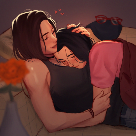Commissioned art of Alex Chen and Steph Gingrich, snuggling on the couch