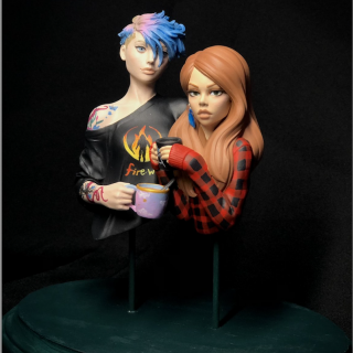 Art models displayed on a dark teal pedestal, one female presenting art model with blue and pink short hair is wearing a black shirt with 'firewalk' written in orange and yellow text. It's holding a blue and pink sky mug. On the right, another female presetning art model with strawberry blonde hair wearing a blacka dn red check shirt and holding a black mug and an anarchy symbol on it.