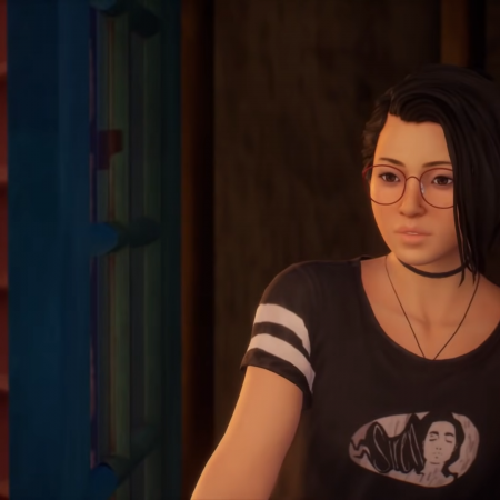 Screenshot from Life is Strange: True Colors gameplay, used in the mxmtoon every wave music video. alex chen, an asian female with short queer hair and glasses, opens the door to her rooftop balcony.