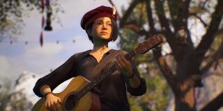 Screenshot of Alex Chen during the LARP. She is holding her guitar and is wearing a bard hat with a feather attached to it. There is sunshine on her face, while most of her body is in the shade.