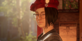 Screenshot of Alex Chen wearing a bard hat, which has a feather attached to it. She is winking while holding the door open.