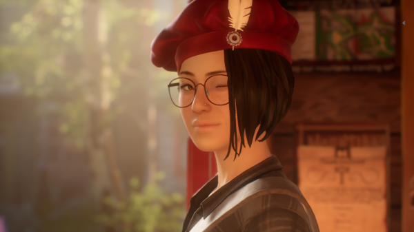 Screenshot of Alex Chen wearing a bard hat, which has a feather attached to it. She is winking while holding the door open.