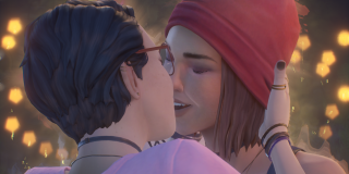 Screenshot of Alex Chen and Steph Gingrich kissing. Steph is wearing a red beanie and is smiling. Alex is wearing a light pink shirt and is cupping Steph's face with one of her hands. There is a golden glow around both of them.