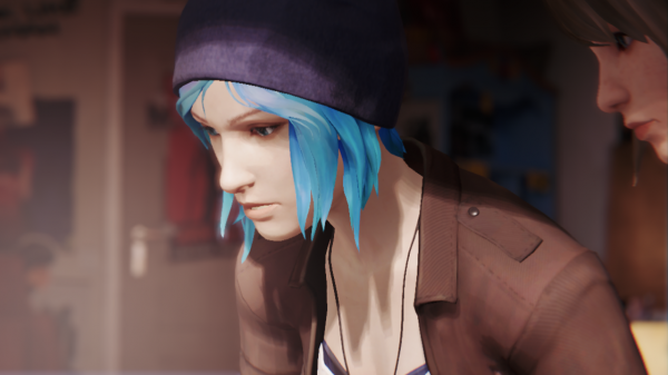 Screenshot of CHloe Price sitting at her desk. The sun is directly on her face. Max Caulfield's face is half visible in the very top right corner.