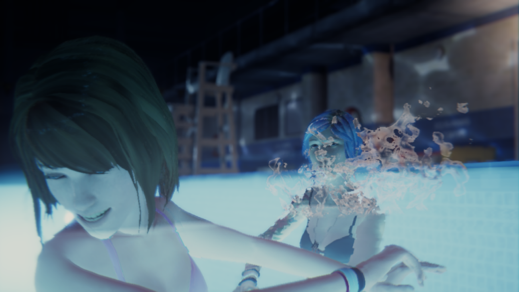 Screenshot of Max Caulfield and Chloe Price in the Blackwell pool. Max is facing away from Chloe with an amused smile as Chloe splashes water at Max