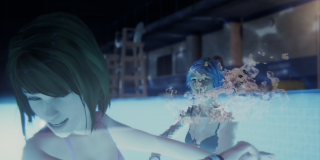 Screenshot of Max Caulfield and Chloe Price in the Blackwell pool. Max is facing away from Chloe with an amused smile as Chloe splashes water at Max