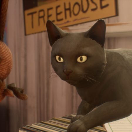 Screenshot of Valkyrie the cat in the record store. Valkyrie is fully black, the fur is short and she has bright yellow eyes, the ears are upright.